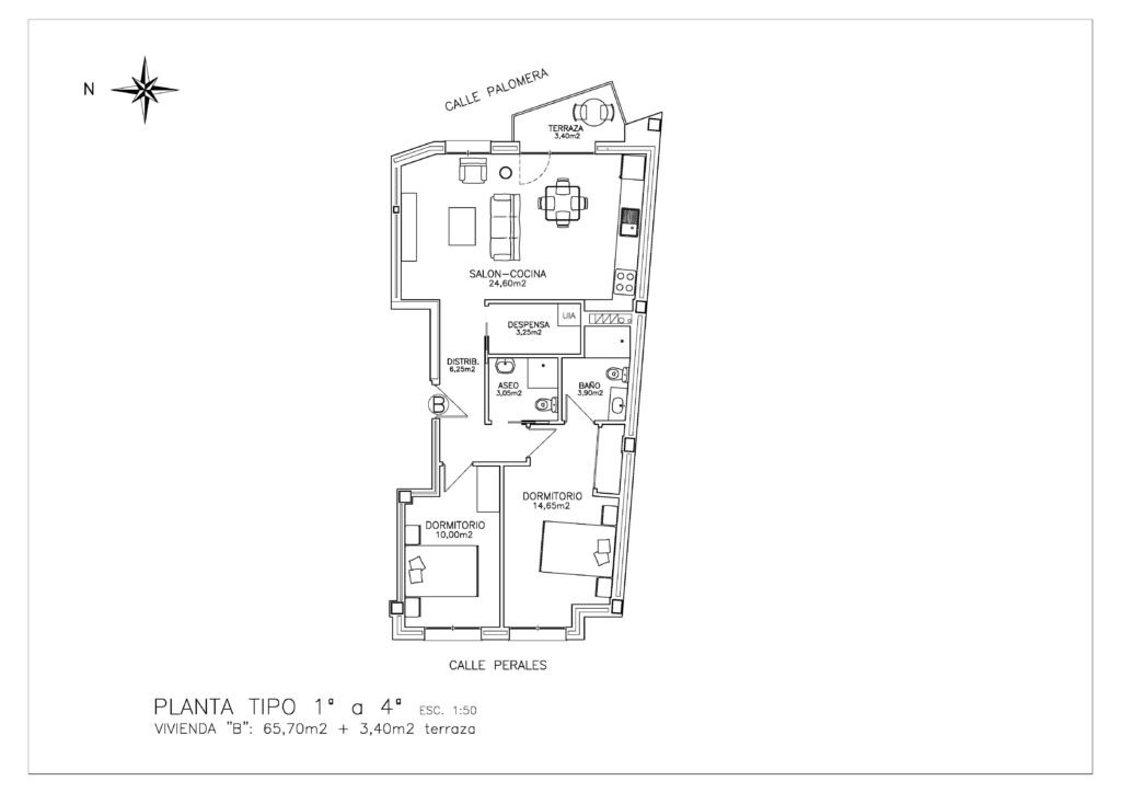 Plano tipo 2 dormitorios obra nueva palomera León